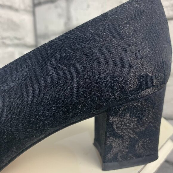 Enzo Angiolini Square Toe Mid Low Block Heel Black Floral Fabric Leather Pump - Picture 7 of 10